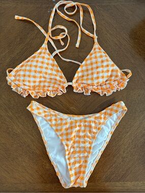 🤍🧡Wild Fable Orange Gingham Ruffle Bikini Set EUC Size XS 🧡🤍